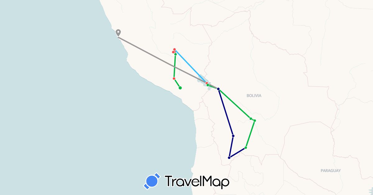 TravelMap itinerary: driving, bus, plane, hiking, boat in Bolivia, Peru (South America)